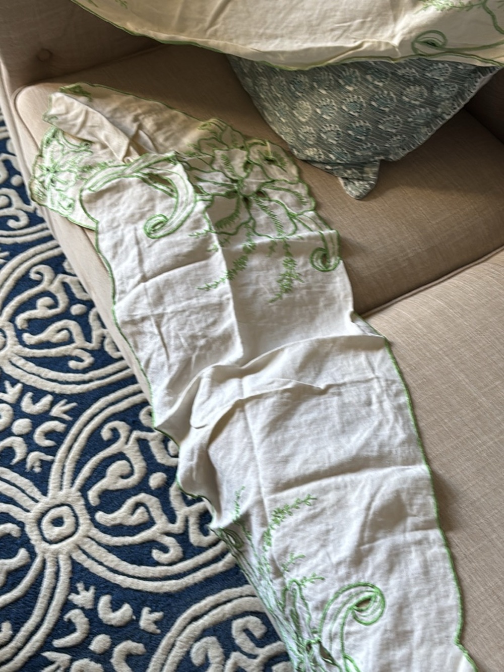 Embroidered White Linen Runner with Green Scrollwork